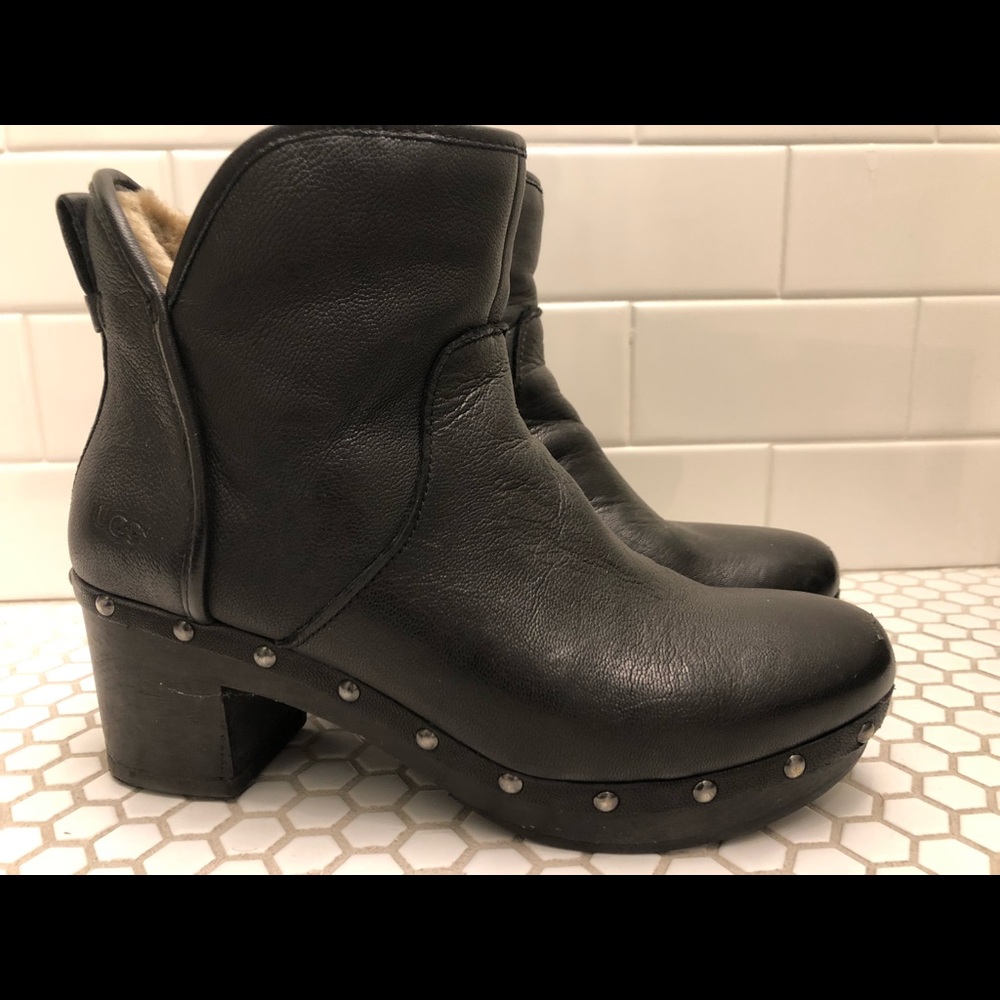 UGG Black Leather Ankle Boots with Studded Detail
